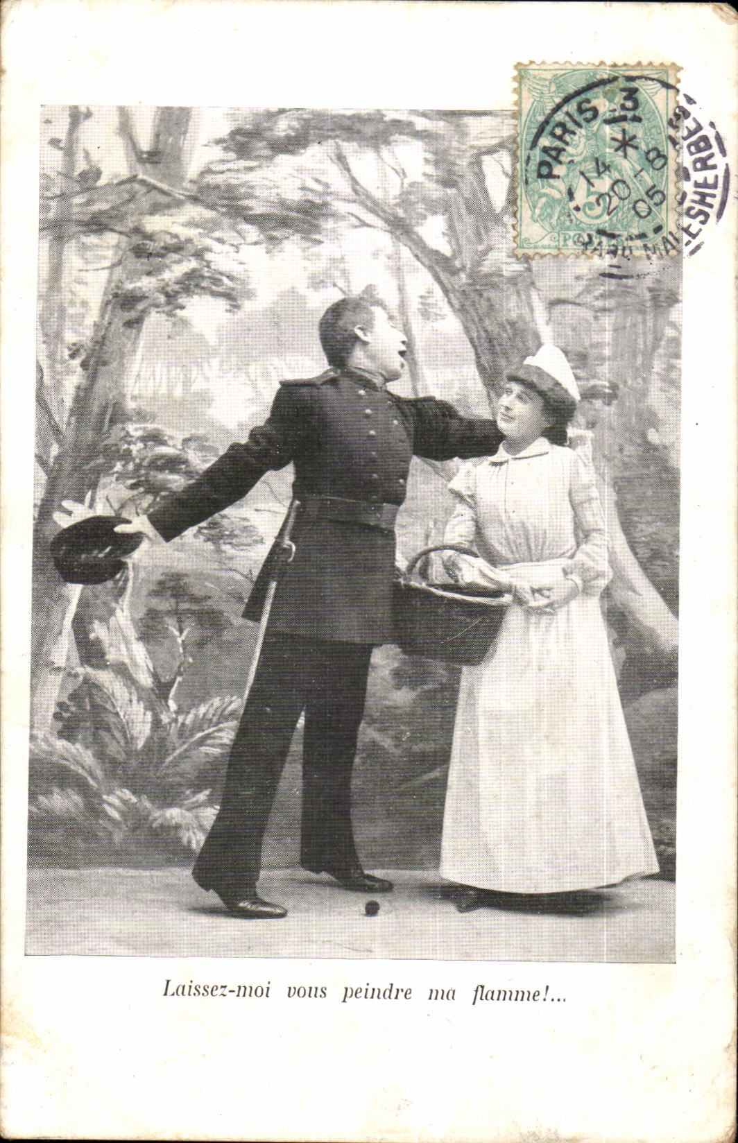 Scène de théâtre — Soldat et femme — éditeur non visible