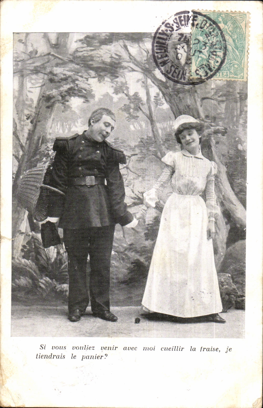 Couple en forêt — scène romantique — éditeur non identifié