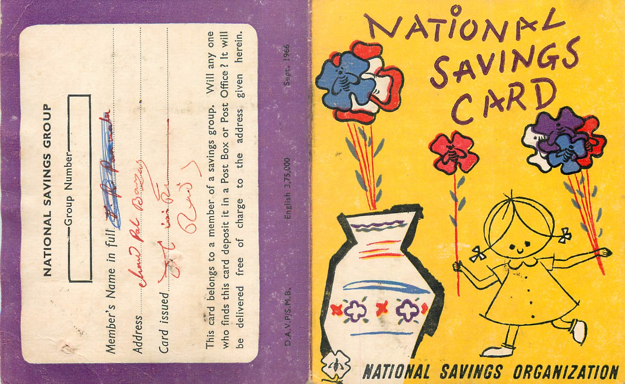 Tarjeta de ahorro nacional — Organización nacional de ahorro — D.A.V./S.M.B. — Septiembre 1966