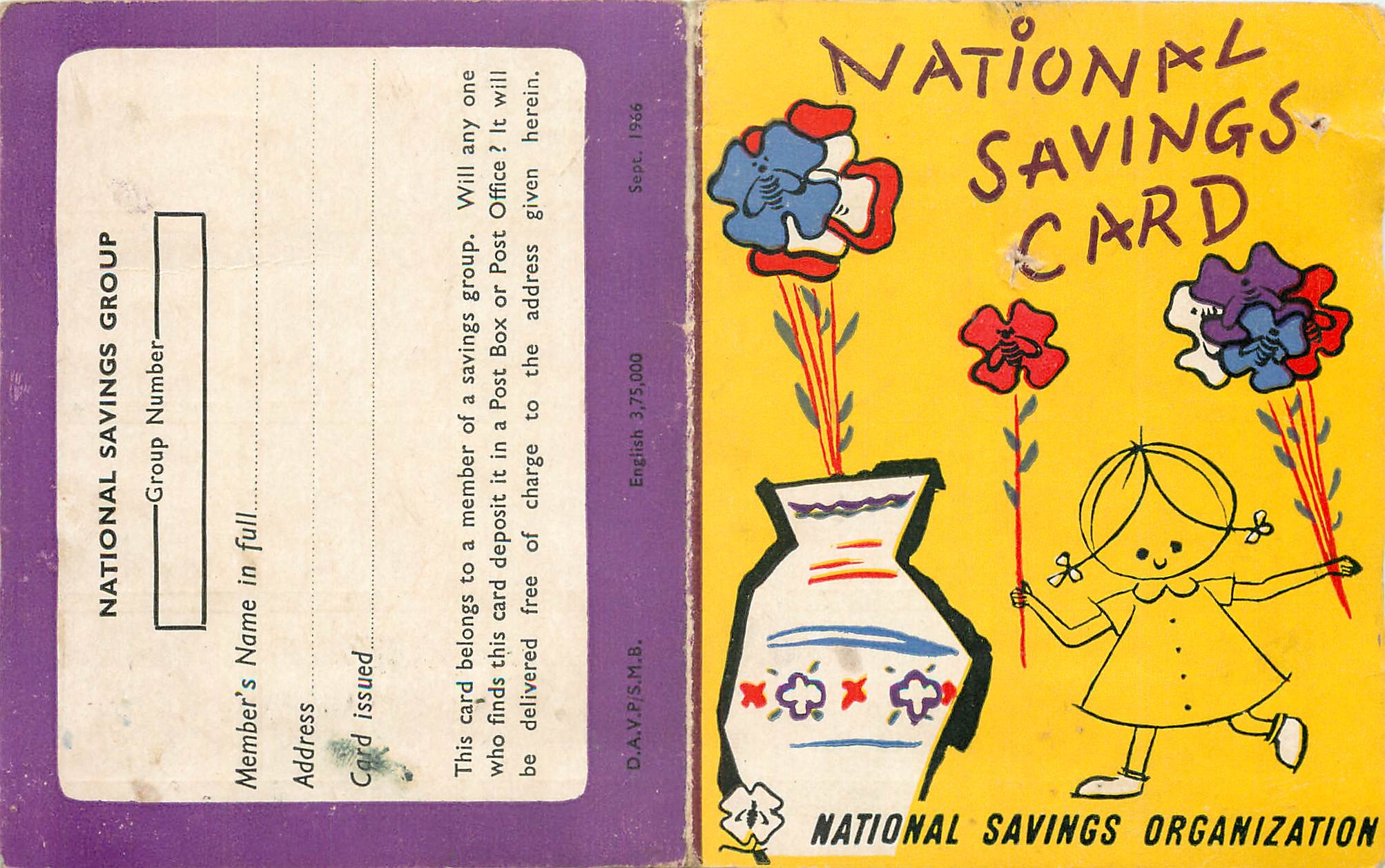 Tarjeta de Ahorro Nacional — Organización Nacional de Ahorro — D.A.V.P./S.M.B. — 3.75.000 — Septiembre 1956