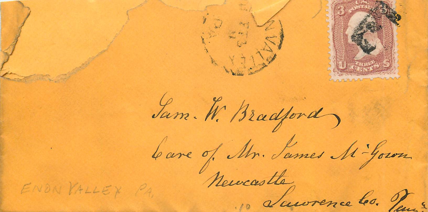 Enon Valley, PA — Enveloppe avec timbre 3 cents et cachet postal — vers 1900