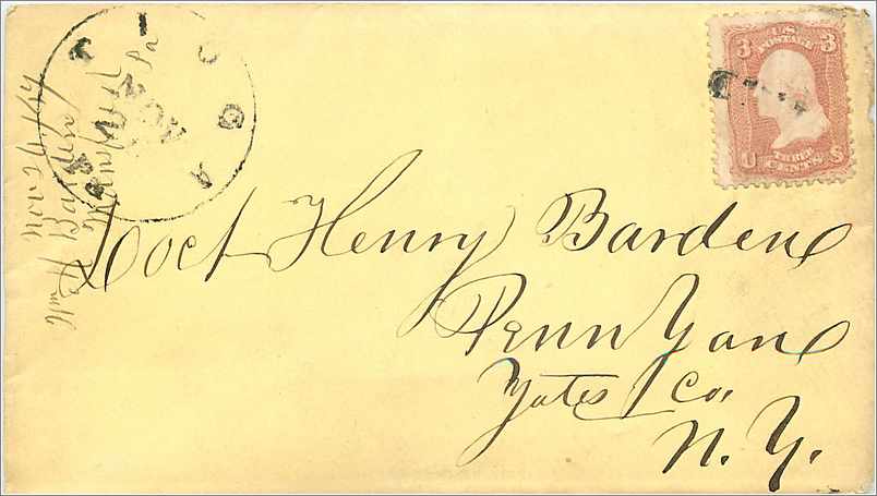 Enveloppe vers 1860 — Henry Bardene, Yutes L. Co., N.Y. — timbre 3 cents Jefferson