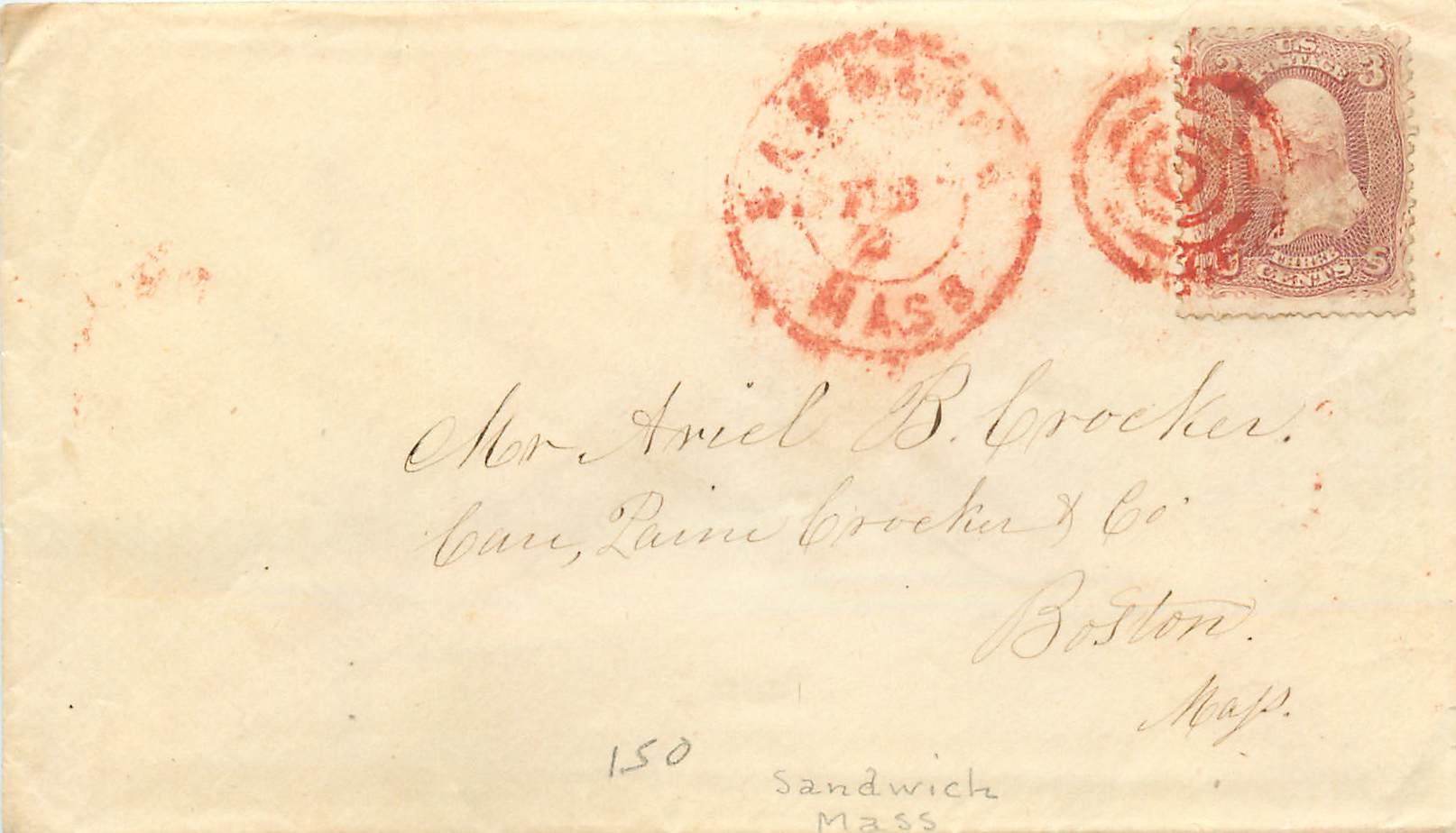 Carte postale à l'adresse de Mr. Ariel B. Crocker à Boston — timbre 5 cents et cachet de poste de Sandwich, Mass.