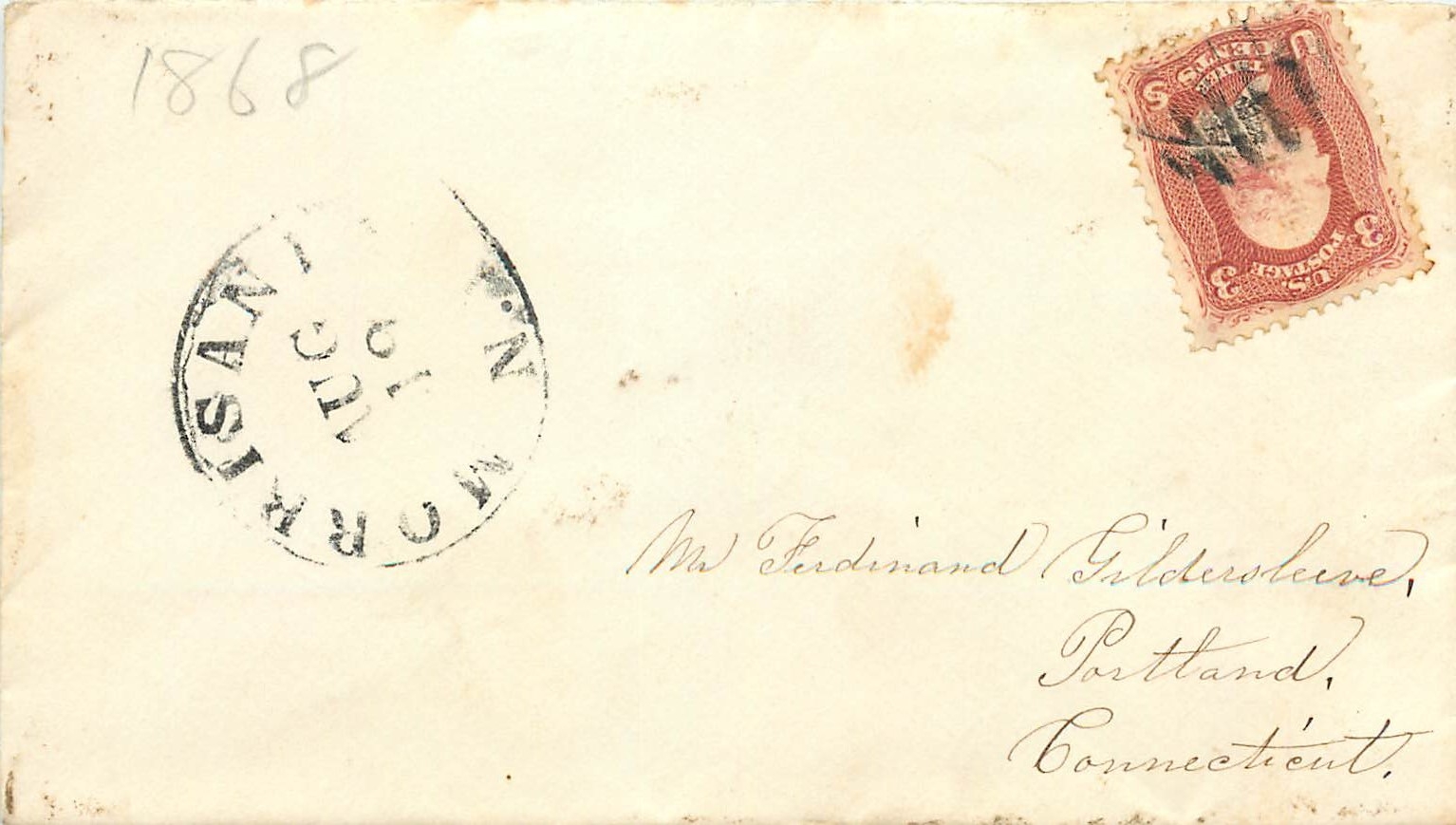 Carte postale ancienne — Morristown, New Jersey — 1868 — timbre 3 cents
