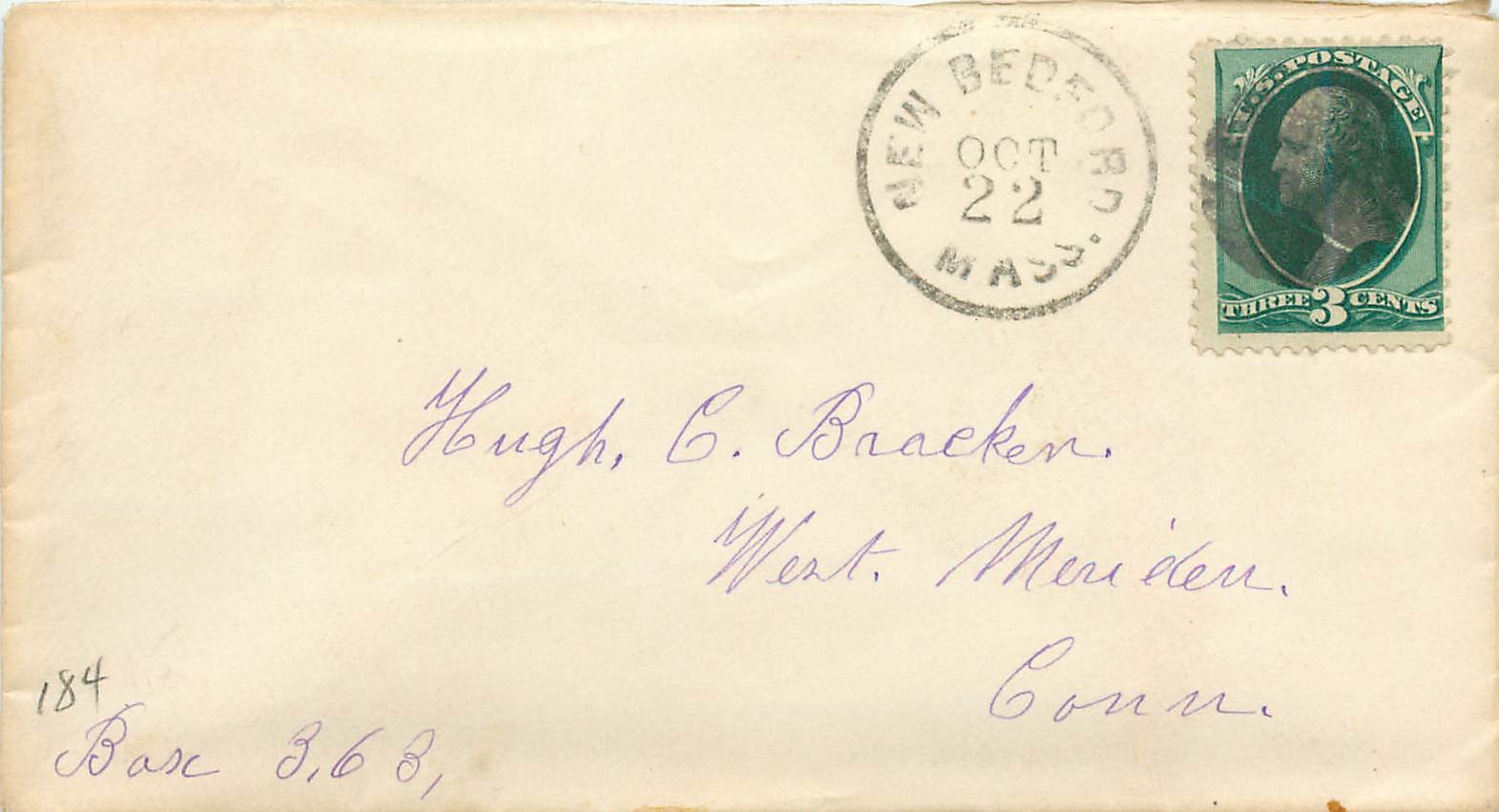 Lettre Cover Etats-Unis 3c New Bedford for Conn 