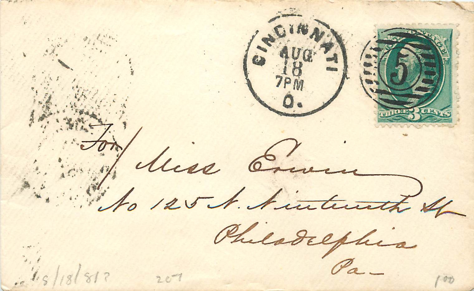 Cincinnati — carte postale envoyée vers Philadelphie — éditeur inconnu, n° de série non visible