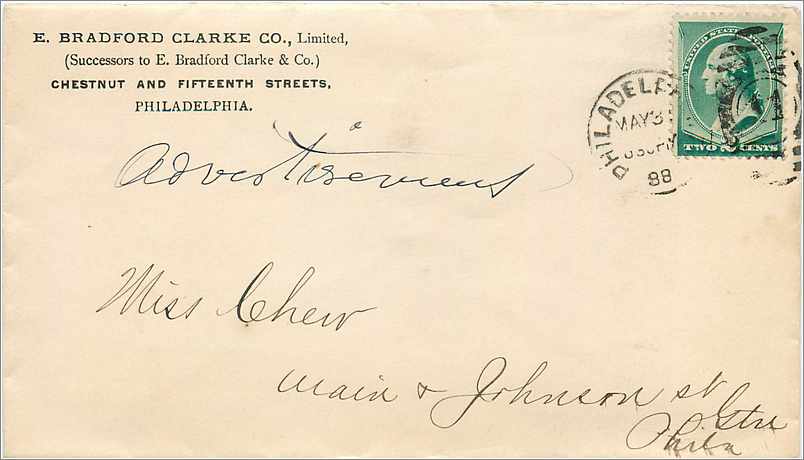 Publicité pour E. Bradford Clarke Co. — Philadelphia — timbre 2 cents vert