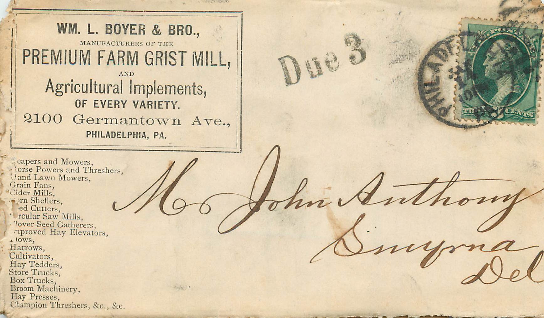 WM. L. BOYER & BRO. — Fabricants de moulins et outils agricoles — Philadelphia, PA