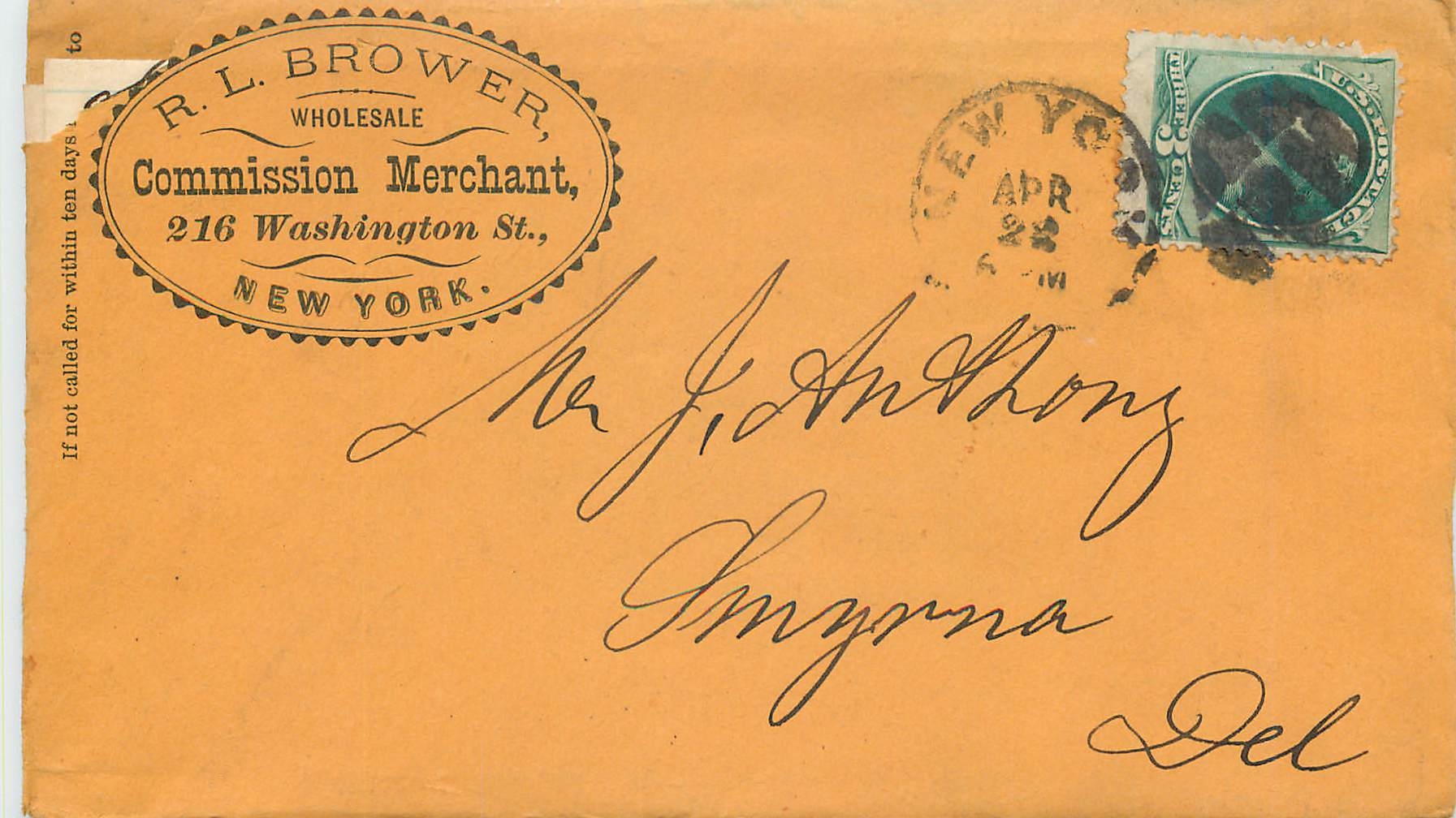 R. L. Brower, Wholesale Commission Merchant — New York — 3 cents US postage stamp