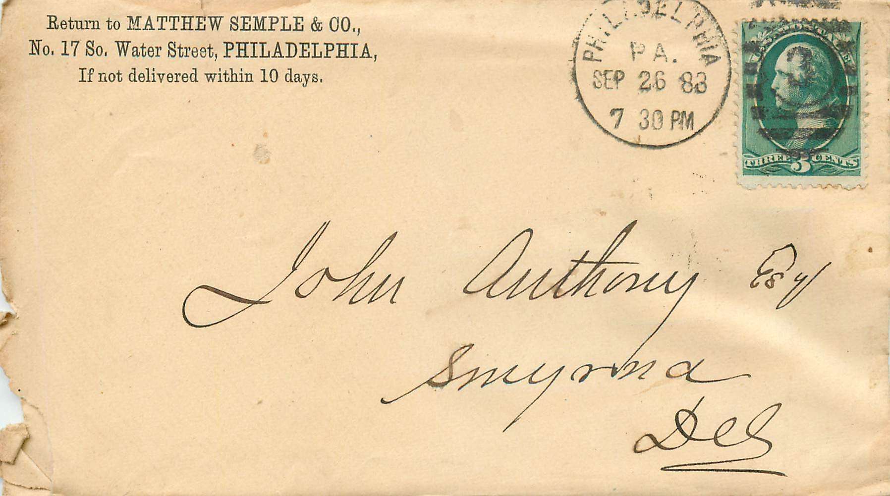 Lettre Cover Etats-Unis 3c Philadelphia  1883