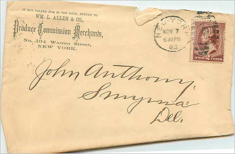 New York — Enveloppe commerciale vers Smyrna — WM L ALLEN & CO, No.104 Warren Street