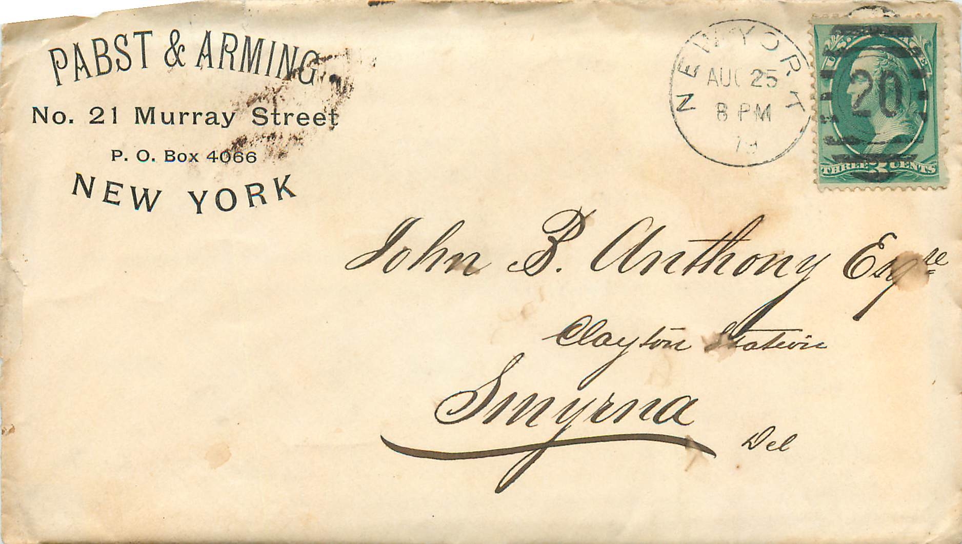 Lettre Cover Etats-Unis 3c New York Pabst & Arming Murray Street