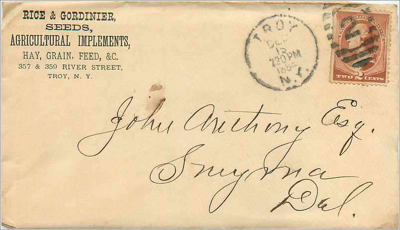 Lettre Cover Etats-Unis 2c Troy Rice & Gordinier 1884