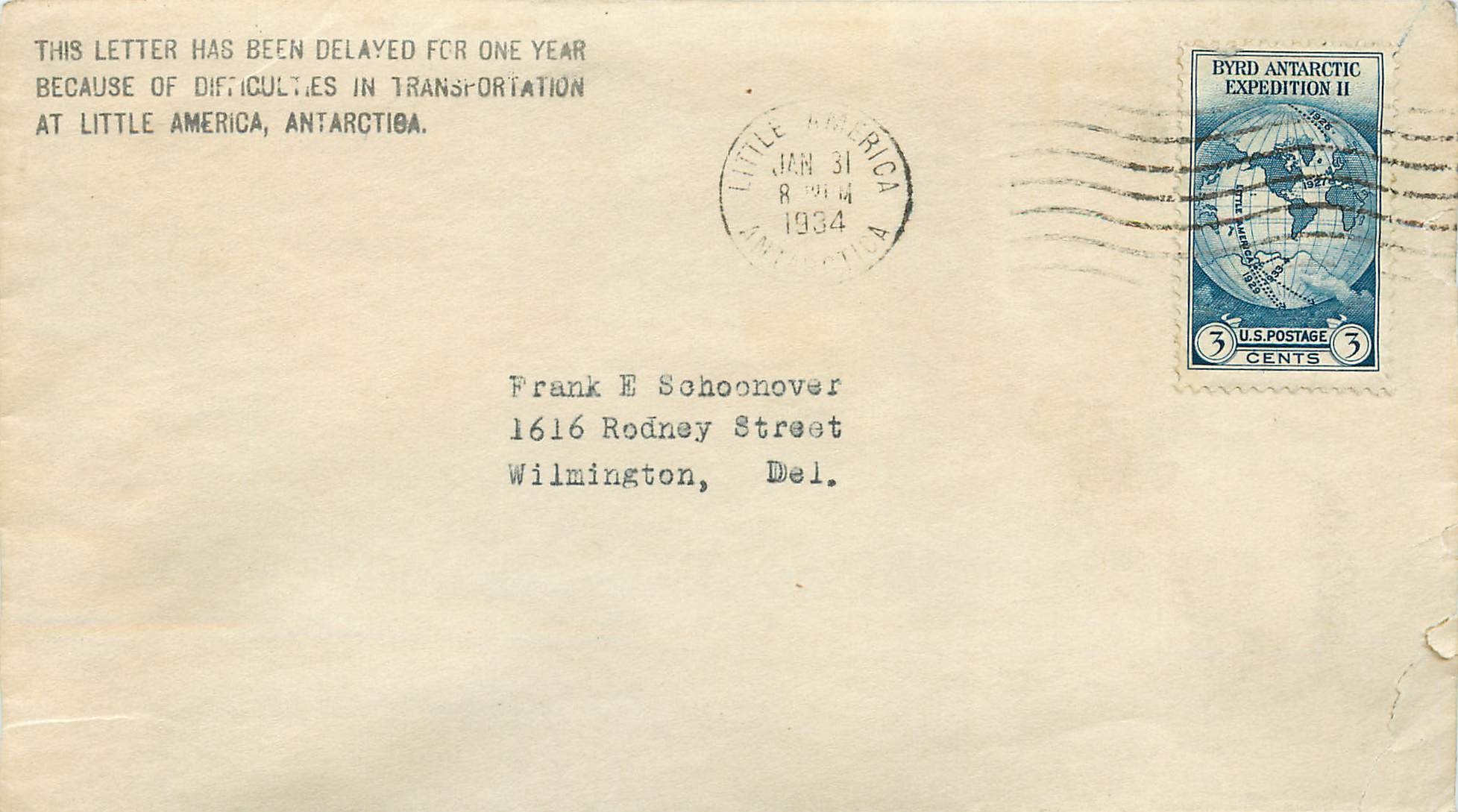 Lettre Cover Etats-Unis Little America Antartica Byrd Expedition 1934 Rare Polar Theme Polaire Delay