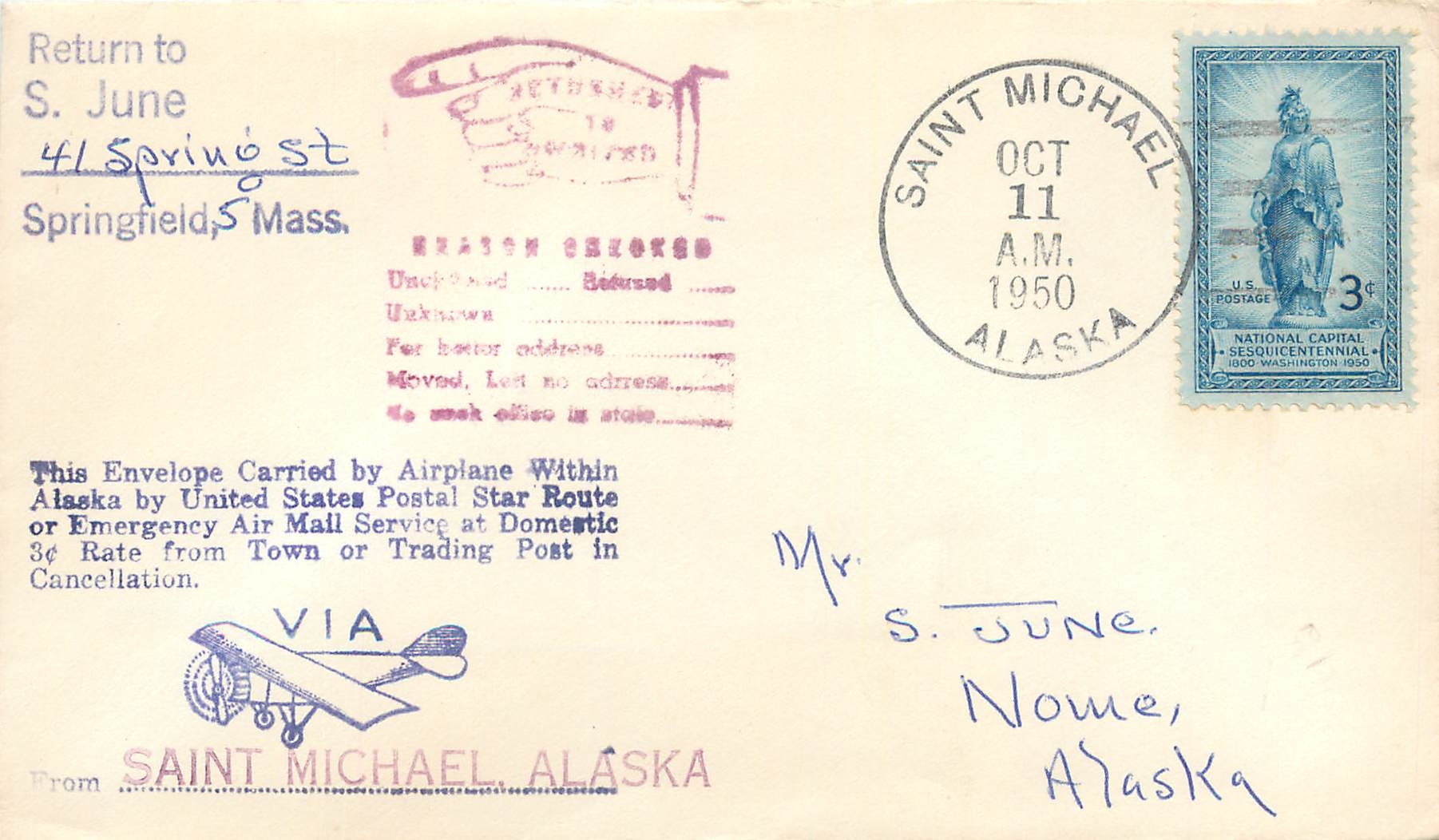 Lettre Cover Etats-Unis 3c 1950 Saint Michael Alaska Polar Theme Polaire