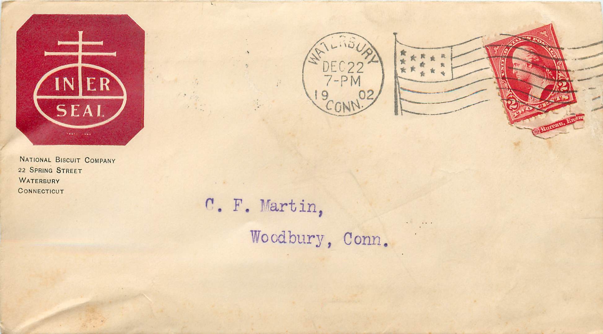 Lettre Cover Etats-Unis 2c Waterbury 1902 Iner Seal 