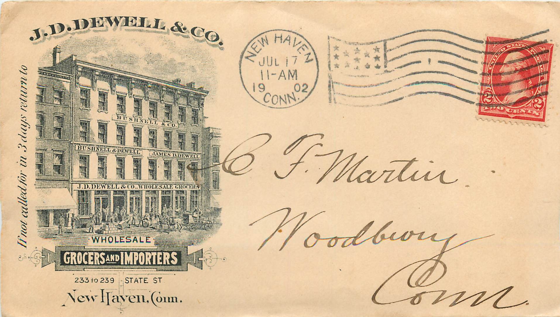 Lettre Cover Etats-Unis 2c Dewell Grocers New Haven 1902