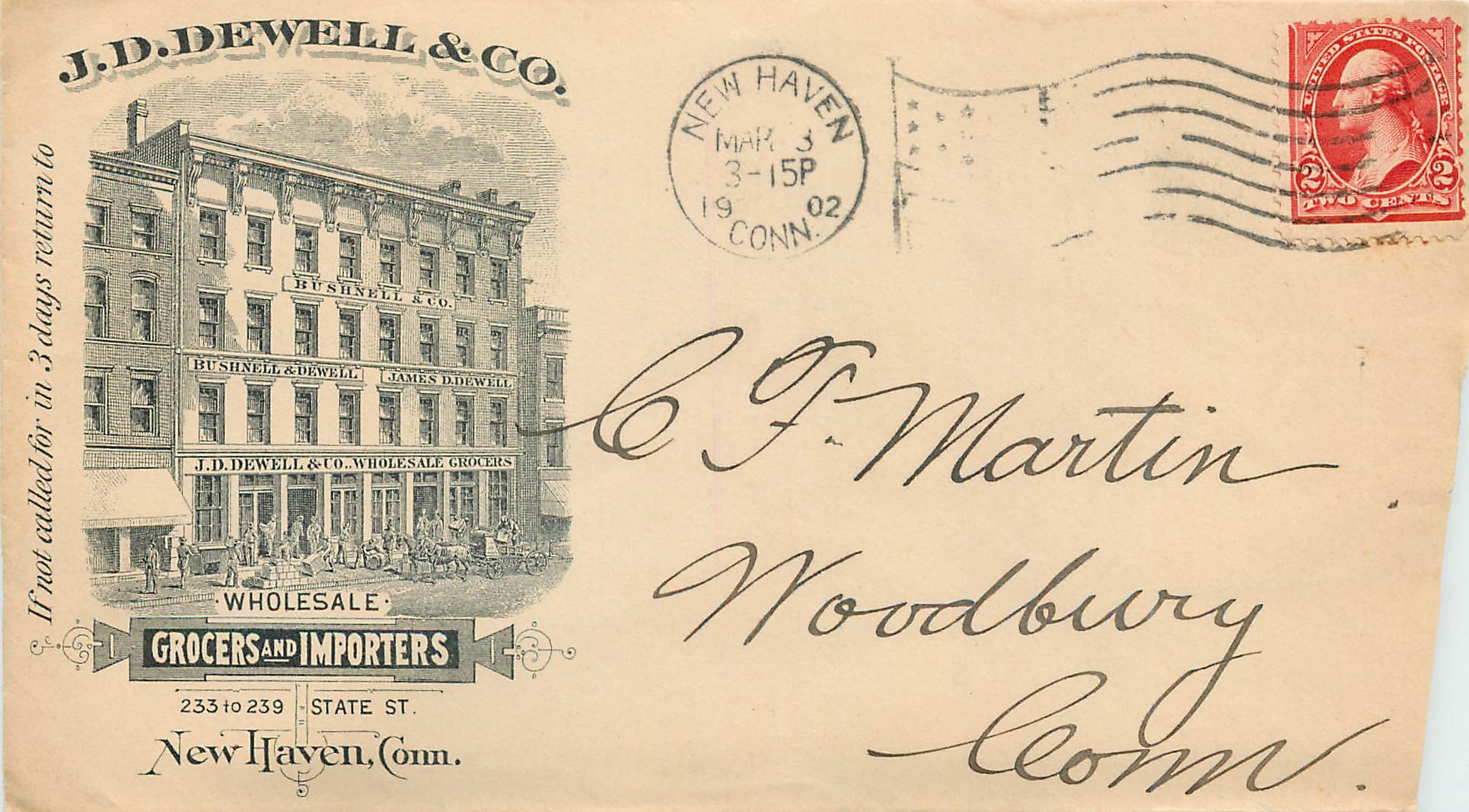 Lettre Cover Etats-Unis 2c Dewell Grocers New Haven 1902