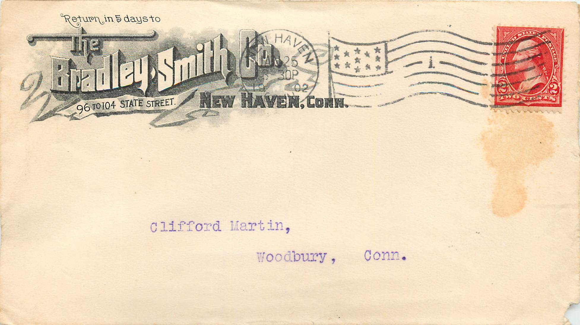 Lettre Cover Etats-Unis 2c Bradely Smith New Haven 1902