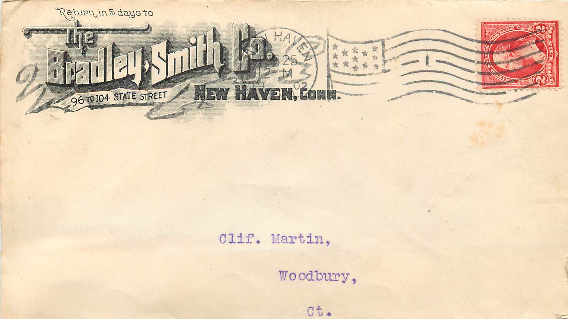 Lettre Cover Etats-Unis 2c Bradley Smith Co New Haven 1902