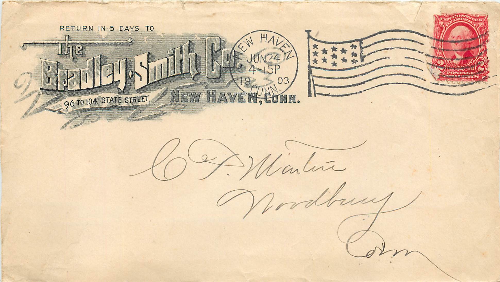 Lettre Cover Etats-Unis 2c Bradley Smith Co New Haven 1903