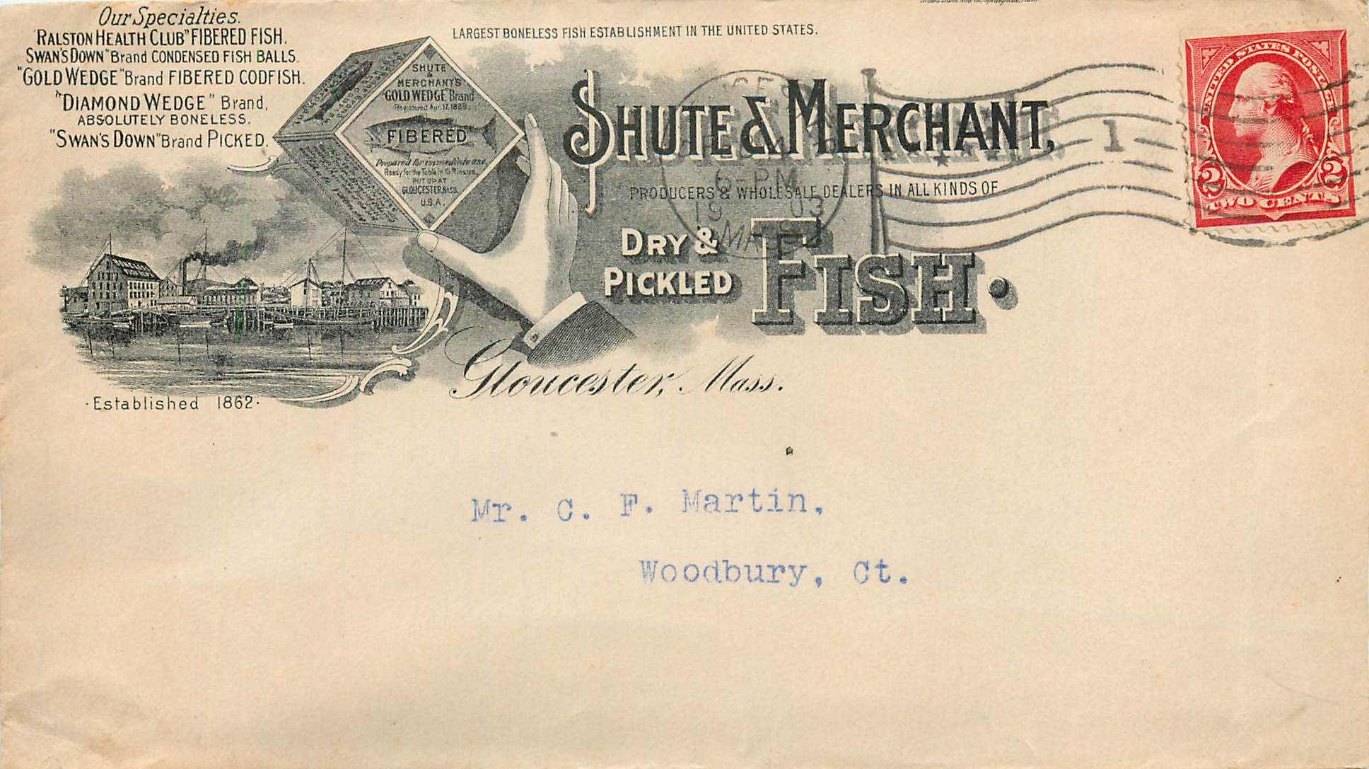 Lettre Cover Etats-Unis 2c Shute Merchant Fish Poisson Gloucester