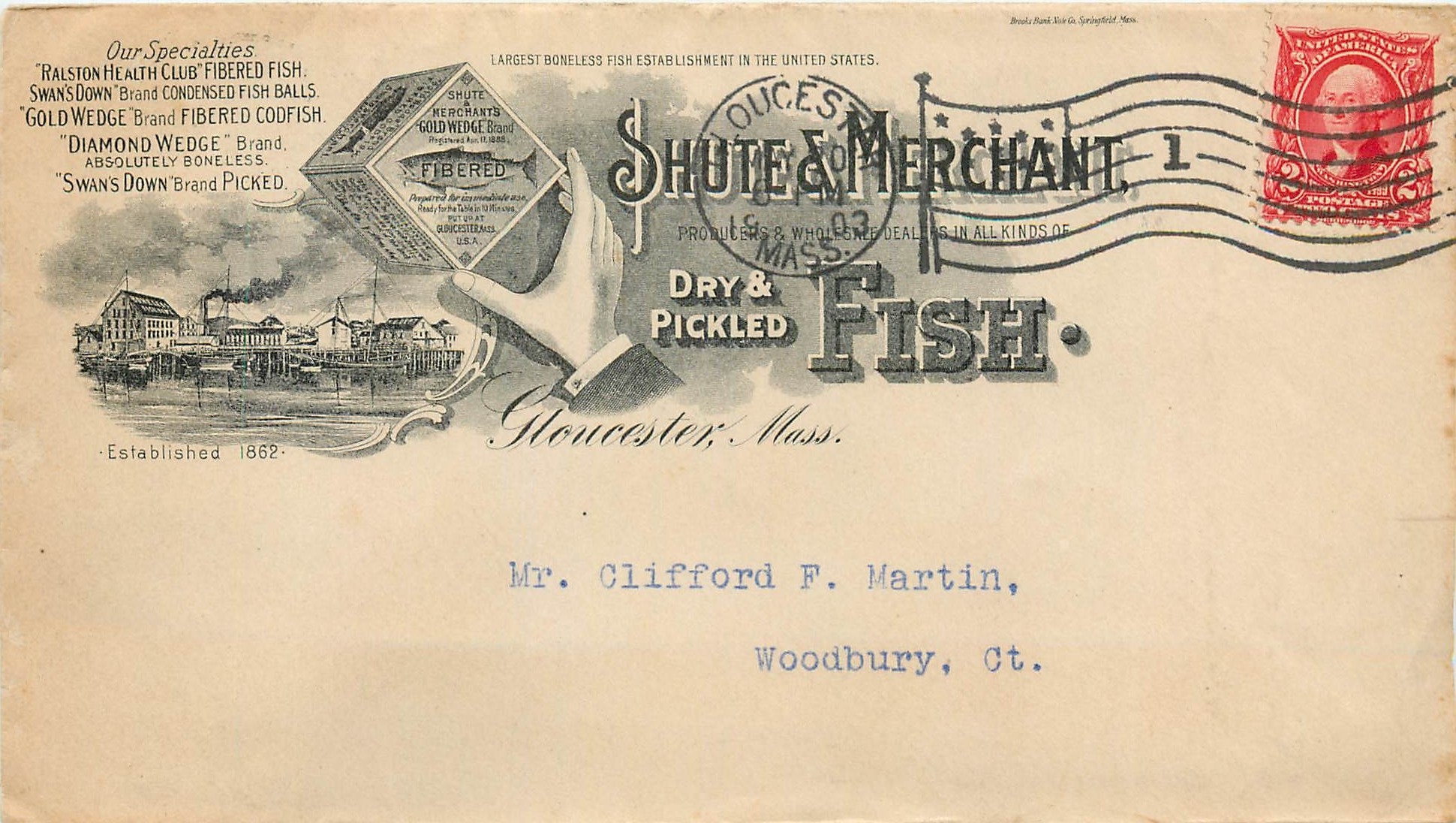 Lettre Cover Etats-Unis 2c Shute Merchant Fish Poisson Gloucester
