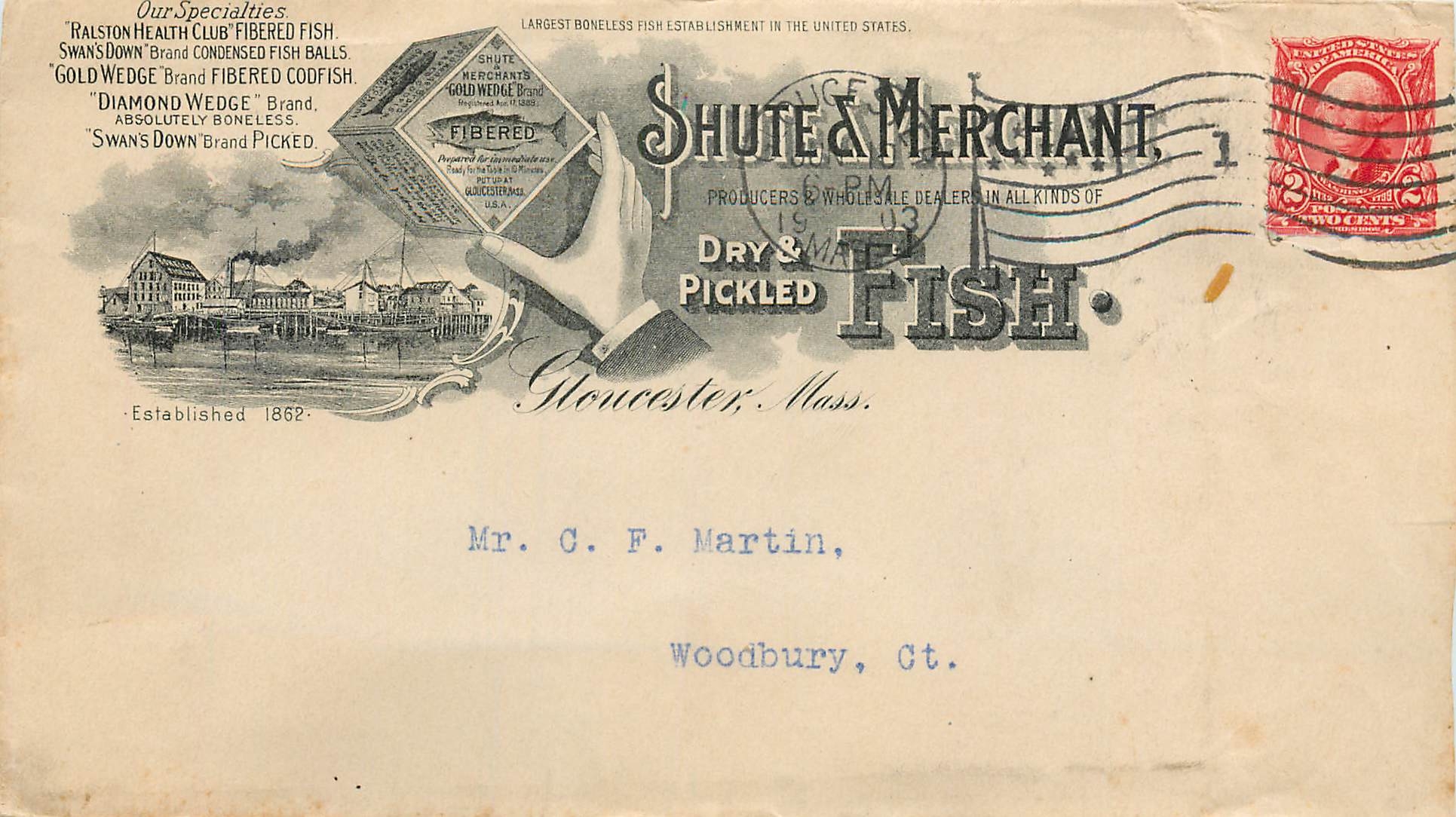 Lettre Cover Etats-Unis 2c Shute Merchant Fish Poisson Gloucester