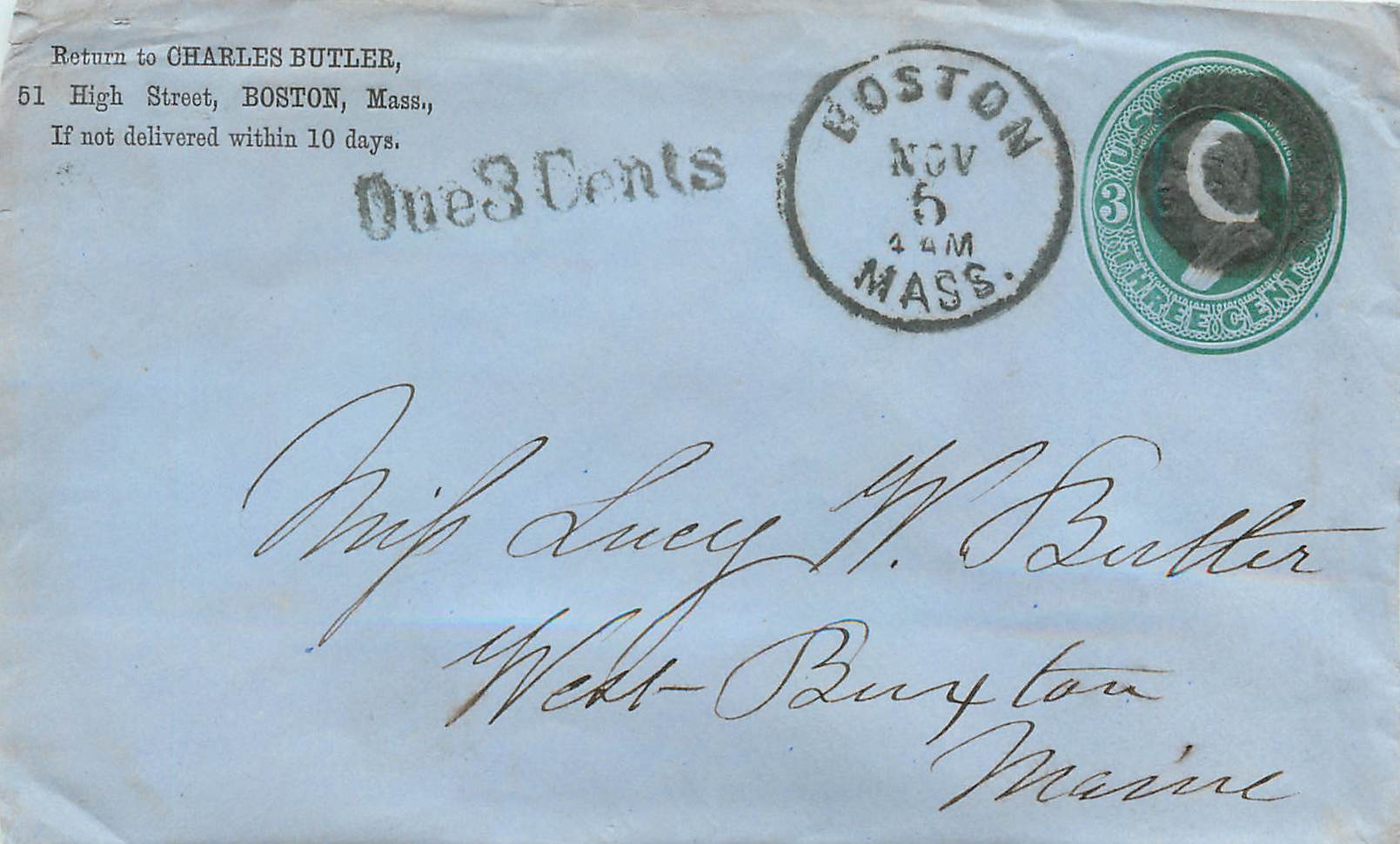 Carte postale à destination de West-Burytown, Massachusetts — Boston, Massachusetts, 5 novembre 1864 — timbre vert de 3 cents