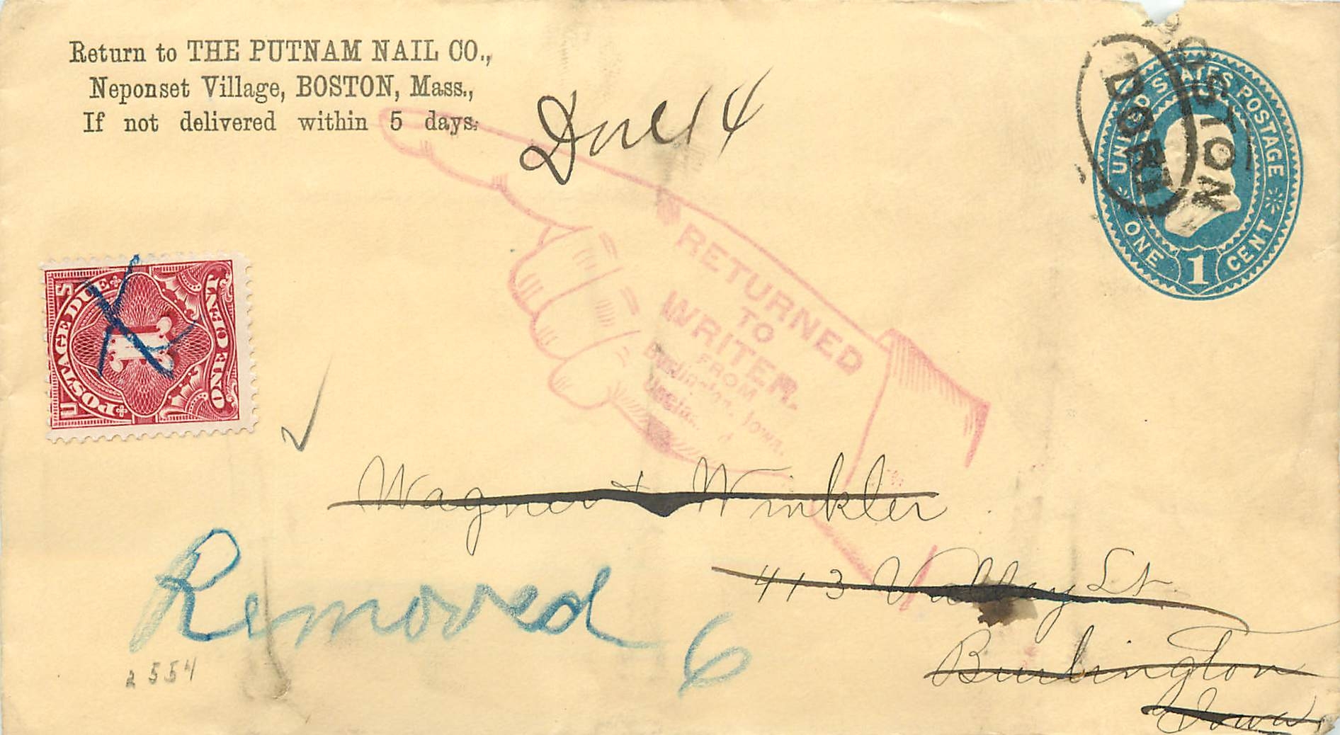 Lettre Cover Etats-Unis Stationary Boston and 1p postage due 1896