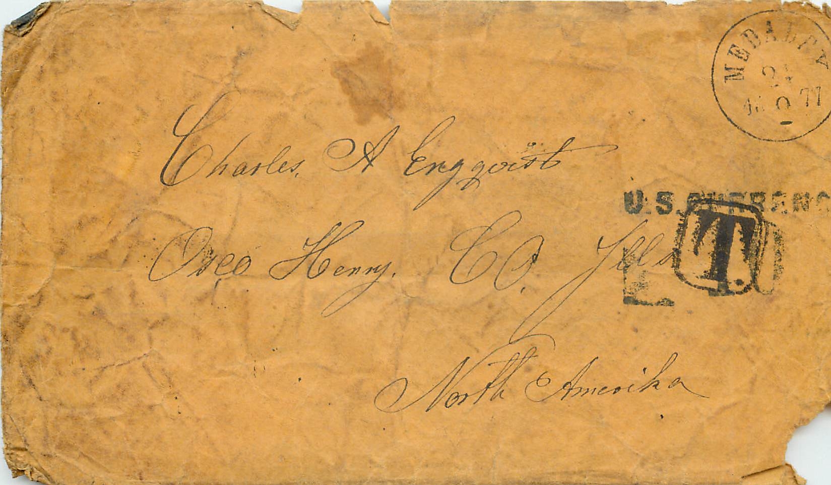 Lettre Cover Etats-Unis with tax handtsamp from Medaley 1877 Rare