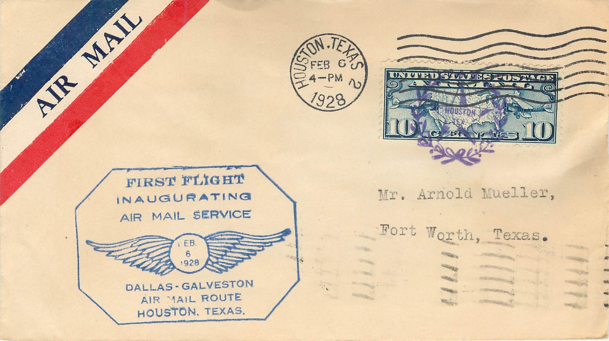 Lettre Cover Etats-Unis Fist Flight Dallas Galveston Houston 1928