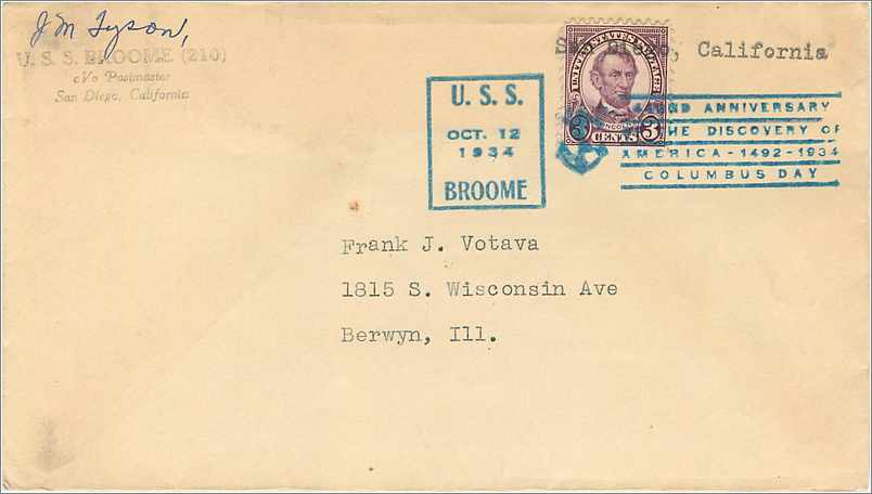 Lettre Cover Etats-Unis USS Broome 1934 