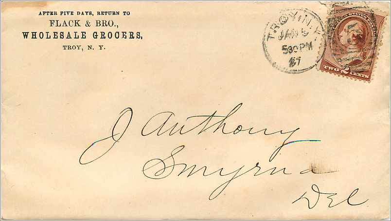 Lettre Cover Etats-Unis 2c Troy Flack Wheolesale Grocers 1887 Savon — Rückseite