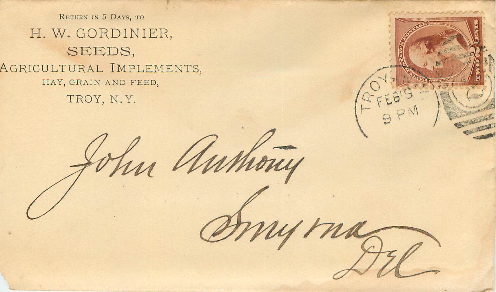 Lettre Cover Etats-Unis 2c Gordinier Seeds Troy 