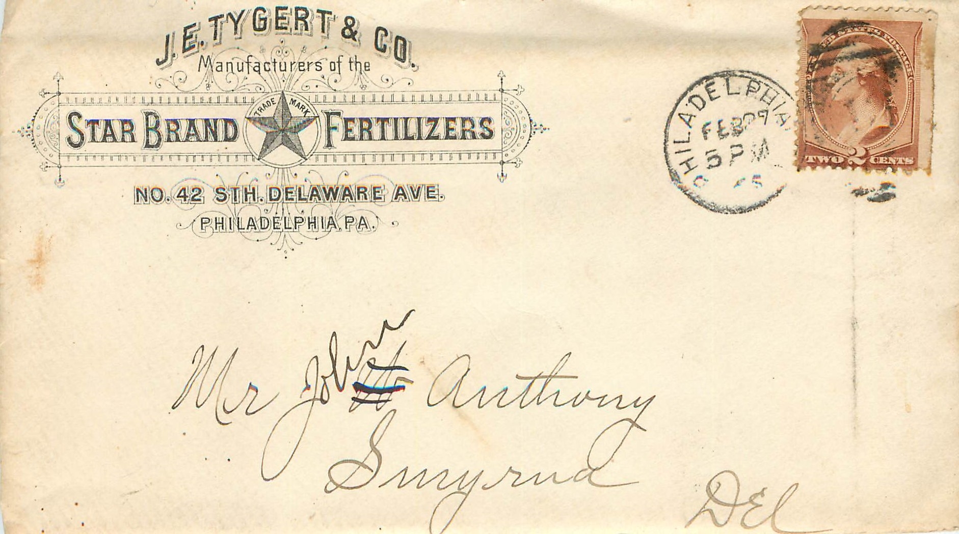 Lettre Cover Etats-Unis 2c Tygert Star Brand Fertilizers 1885