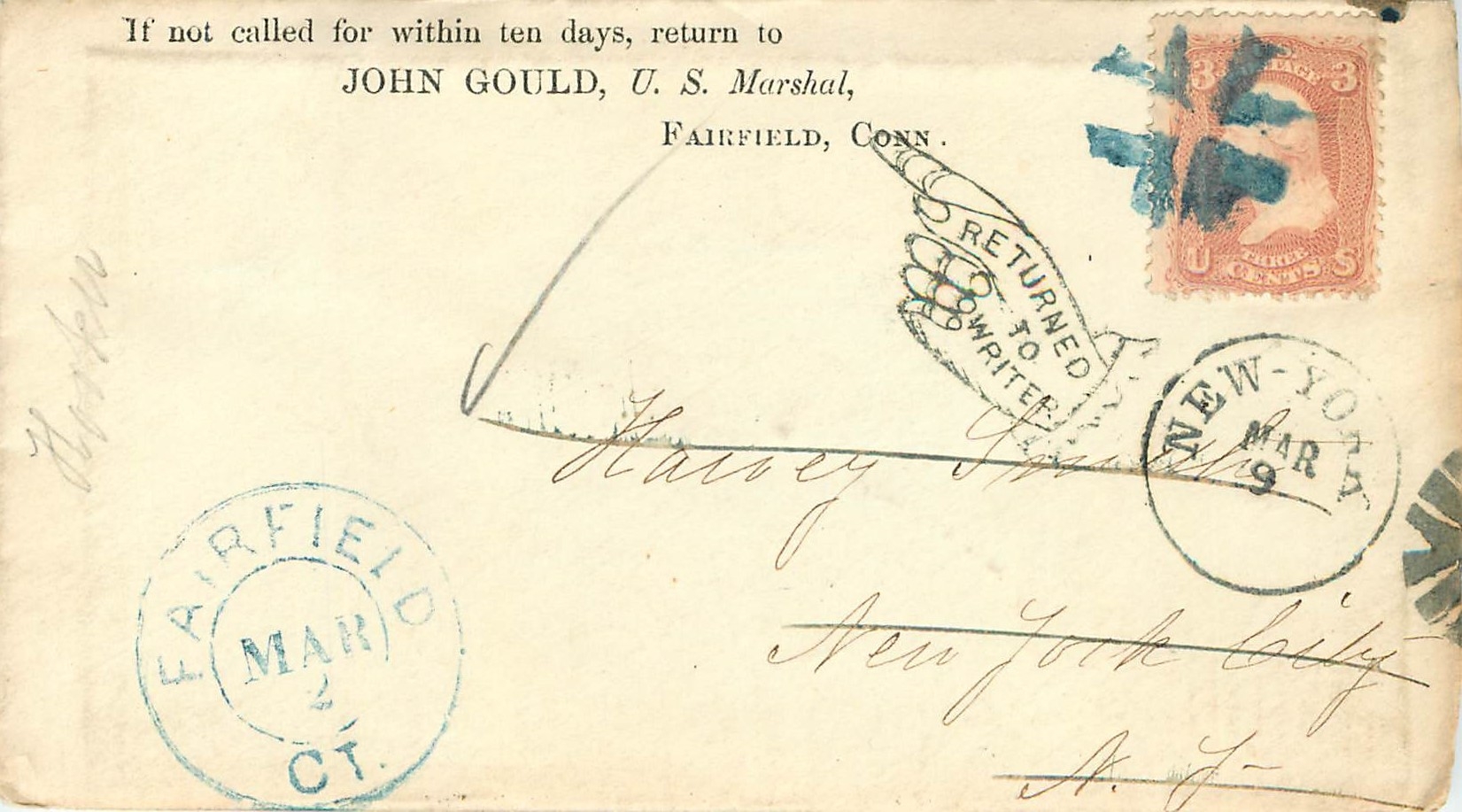 Lettre Cover Etats-Unis 3c Fairfield to New York Return to writer