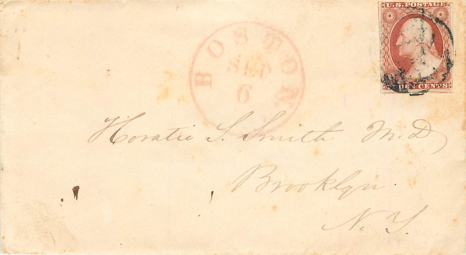 Carte postale à l'adresse de Horatio S. Smith, M.D., à Brooklyn, N.Y. — Boston, Massachusetts — timbre 3 cents et cachet postal