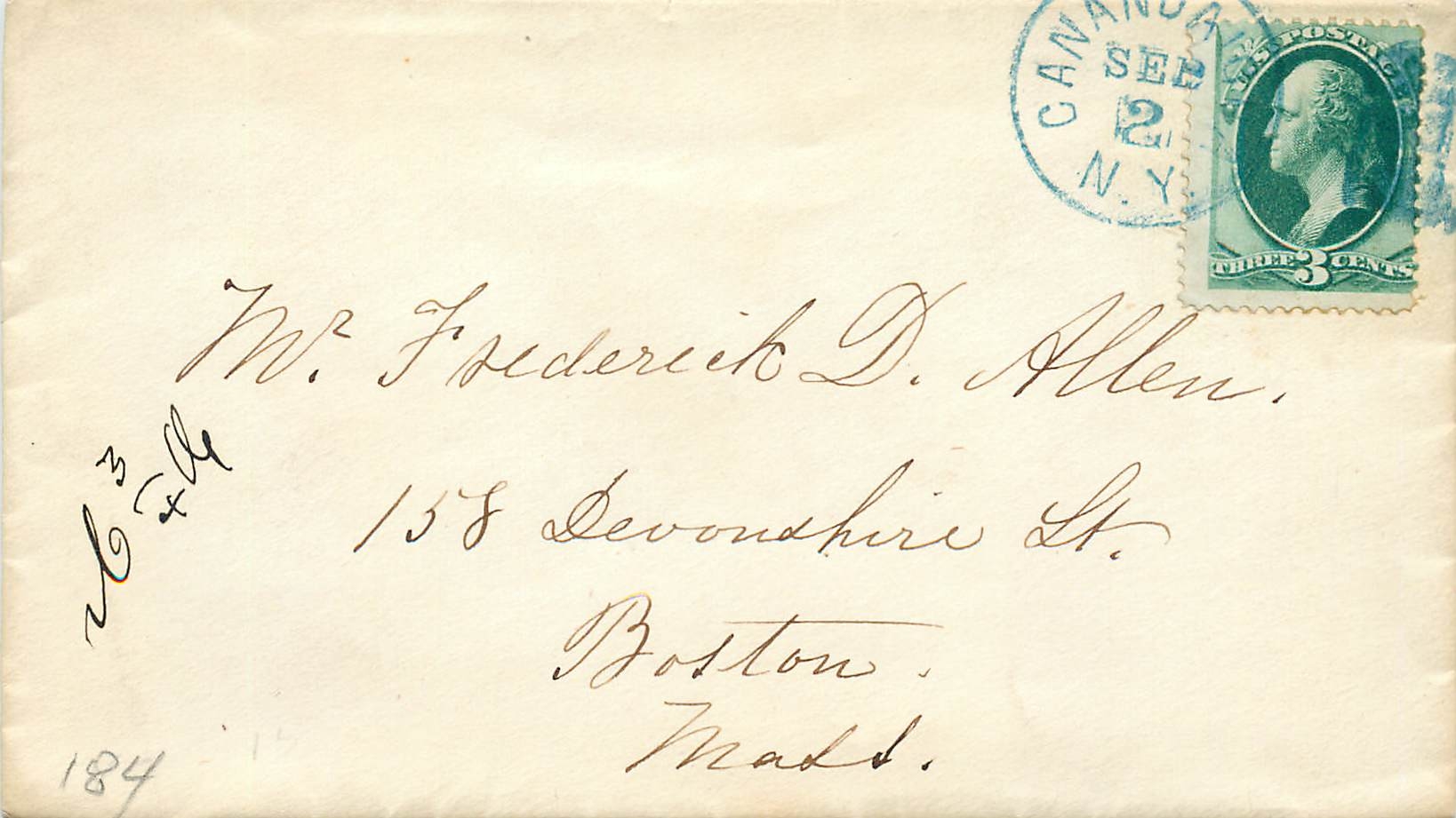 Carte postale envoyée de Canandaigua, N.Y. — timbre 3 cents George Washington — destinataire à Boston, Mass.