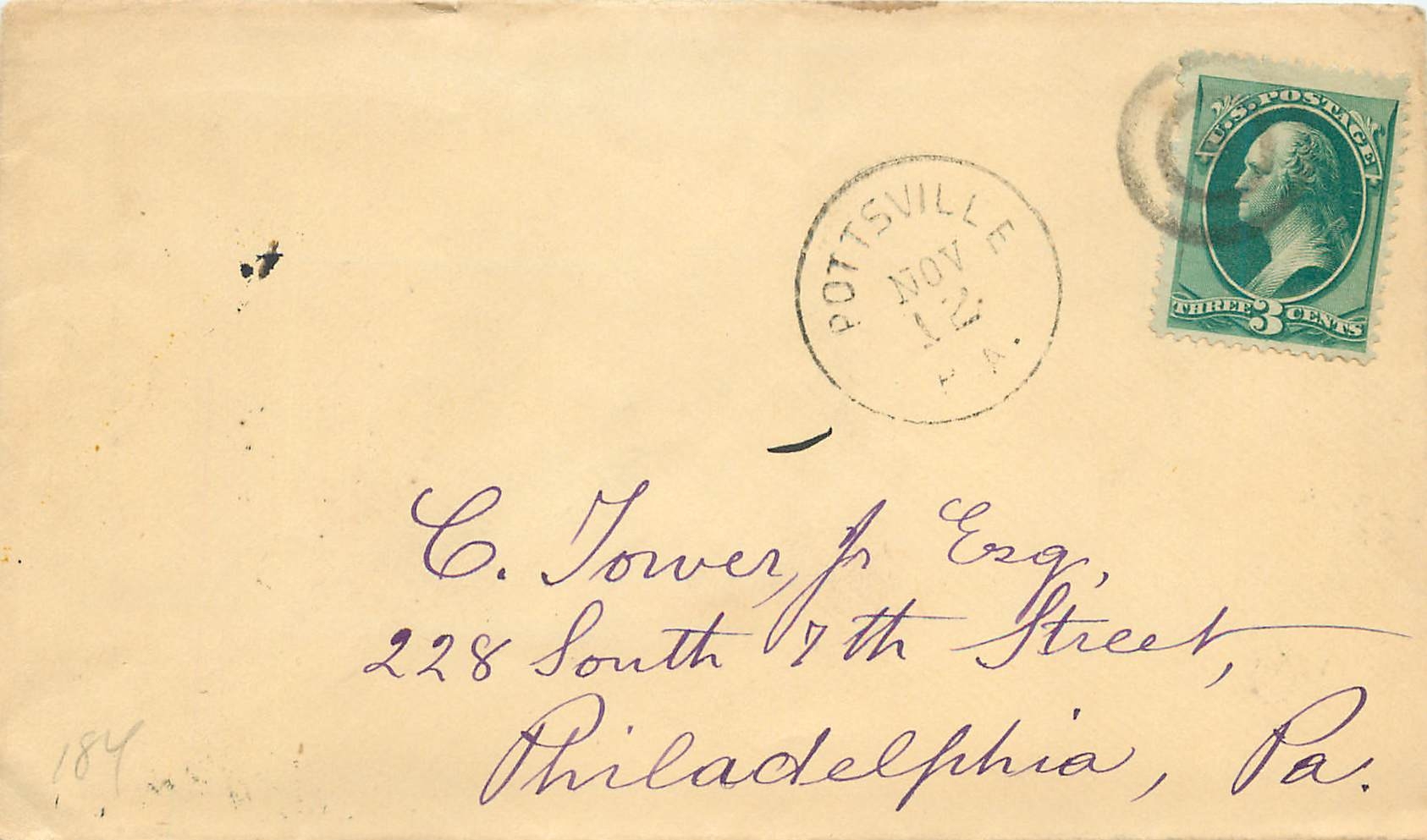 Pottsville — enveloppe avec timbre 3 cents George Washington — destinée à C. Tower, Philadelphia