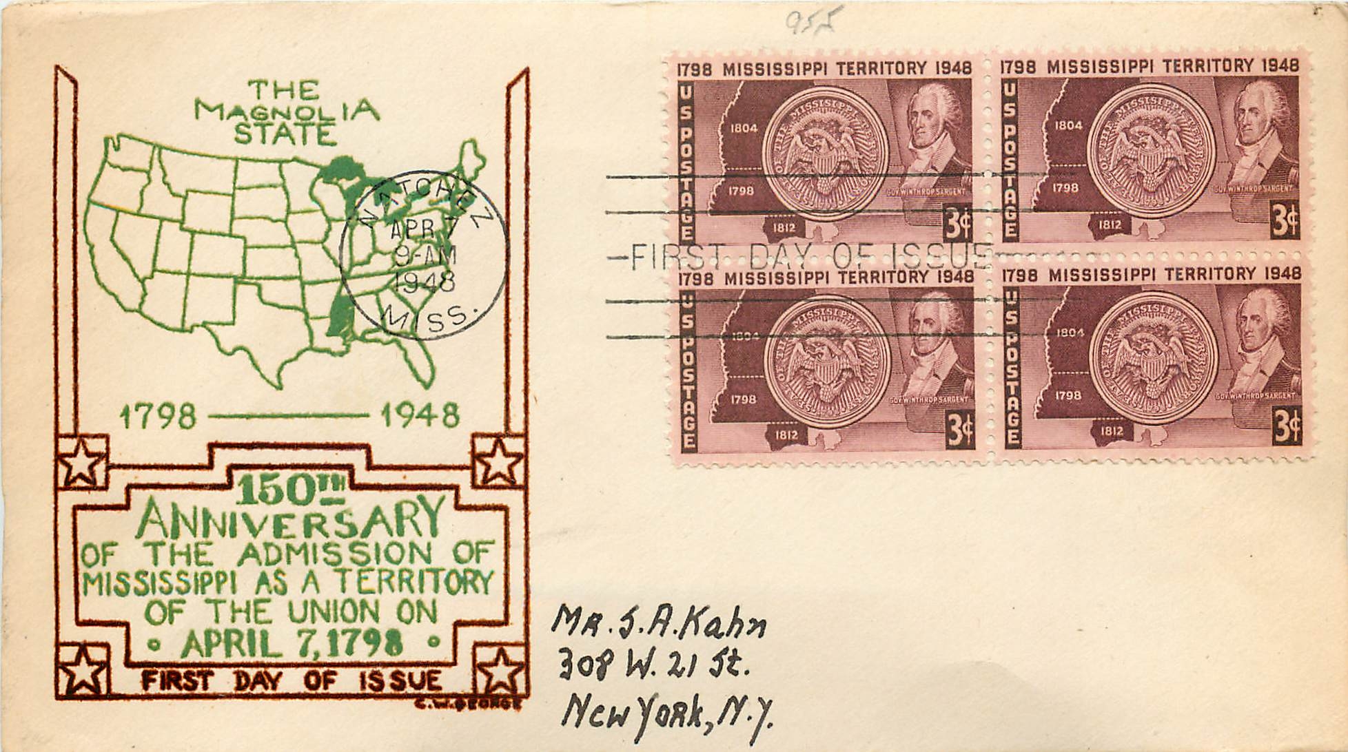 Lettre Cover Etats-Unis FDC Mississippi 1798 Magnolia State 7 APR 1948