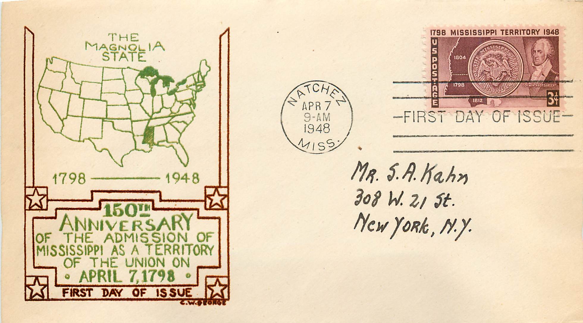 Lettre Cover Etats-Unis FDC Mississippi 1798 Magnolia State 7 APR 1948