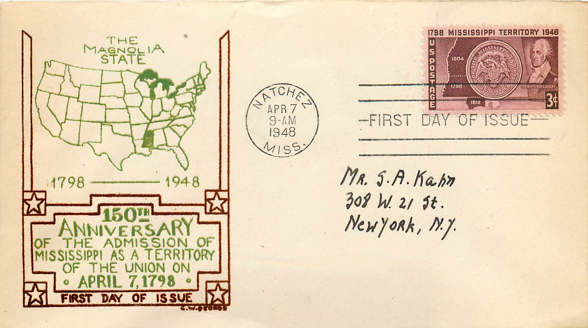 Lettre Cover Etats-Unis FDC Mississippi 1798 Magnolia State 7 APR 1948