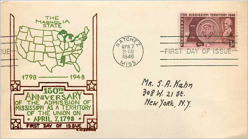 Lettre Cover Etats-Unis FDC Mississippi 1798 Magnolia State 7 APR 1948