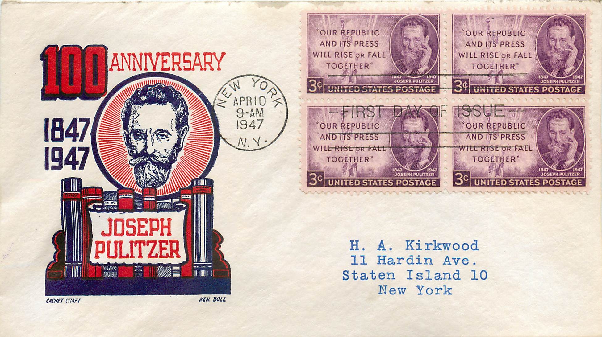 Lettre Cover Etats-Unis Joseph Pulitzer 10 APR 1947 New York FDC