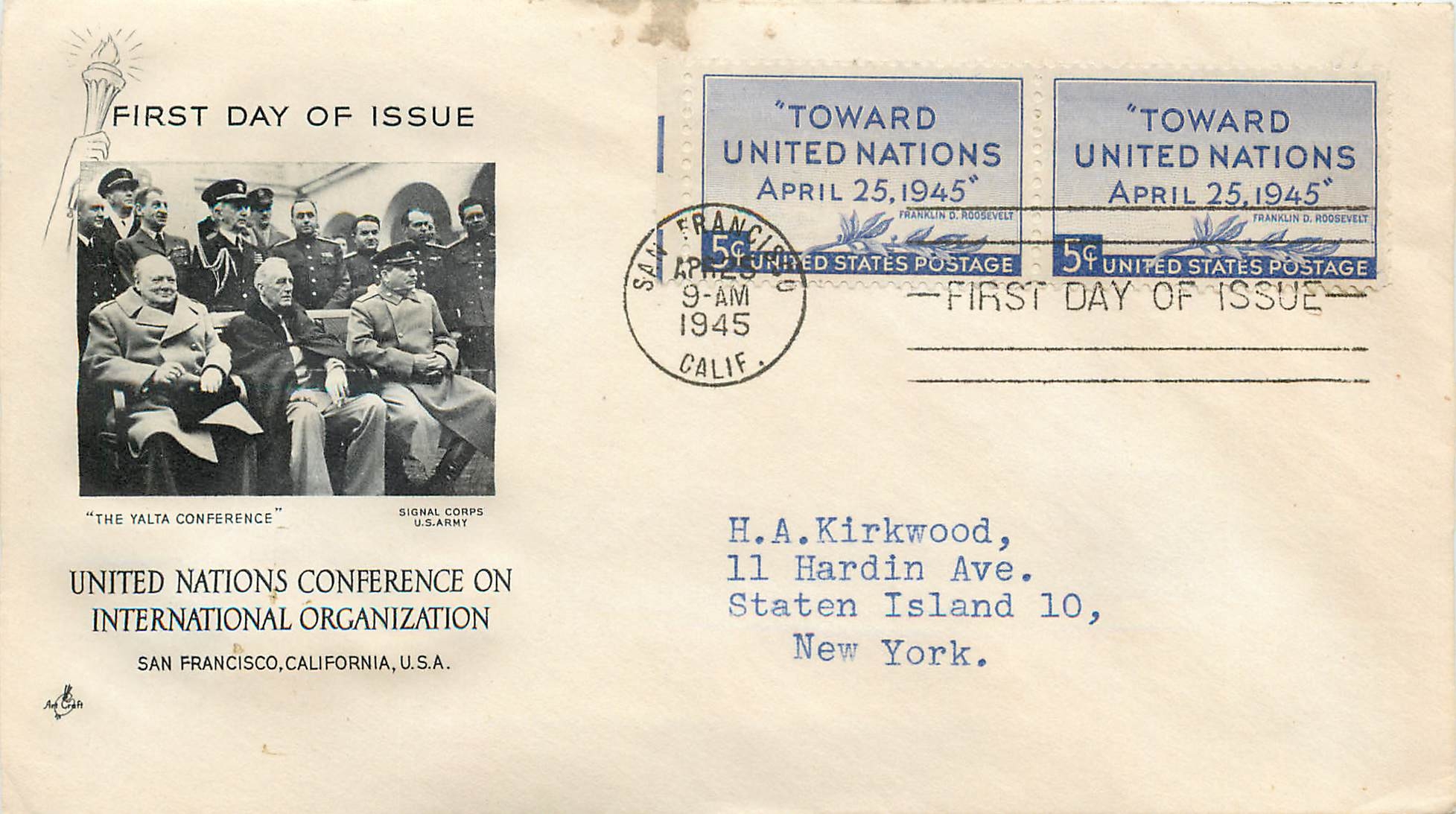 Lettre Cover Etats-Unis FDC United Nations UNO Yalta Conference Roosevelt Stalin Churchill 1945 Mili