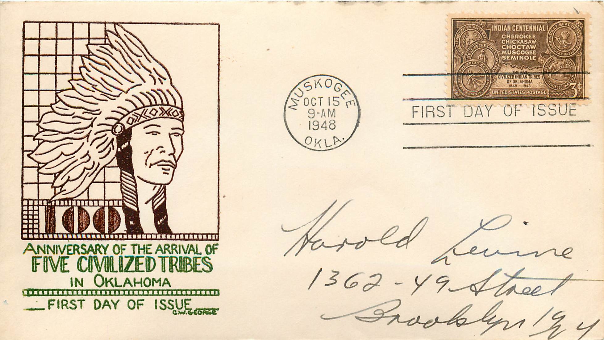 Lettre Cover Etats-Unis FDC Oklahoma Indians 15 OCT 1948 Muskogee
