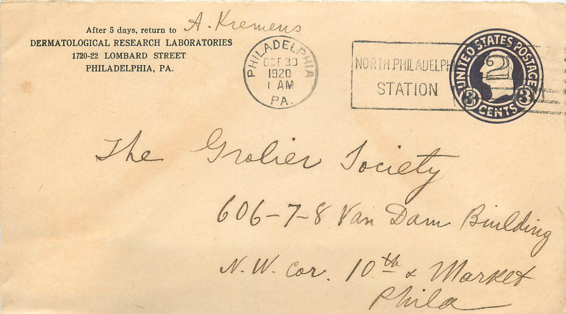 Lettre Cover Etats-Unis 3c Philadelphia Dermatological Research laboratories 1920