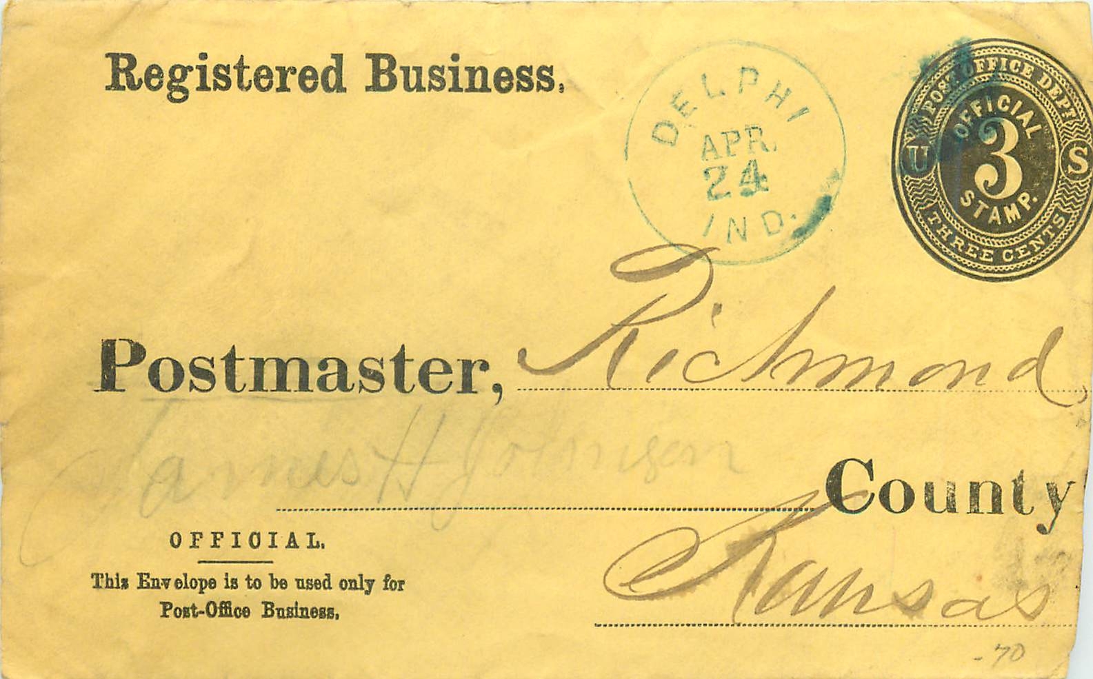 Lettre Cover Etats-Unis Stationary Delphi 3c to Kansas