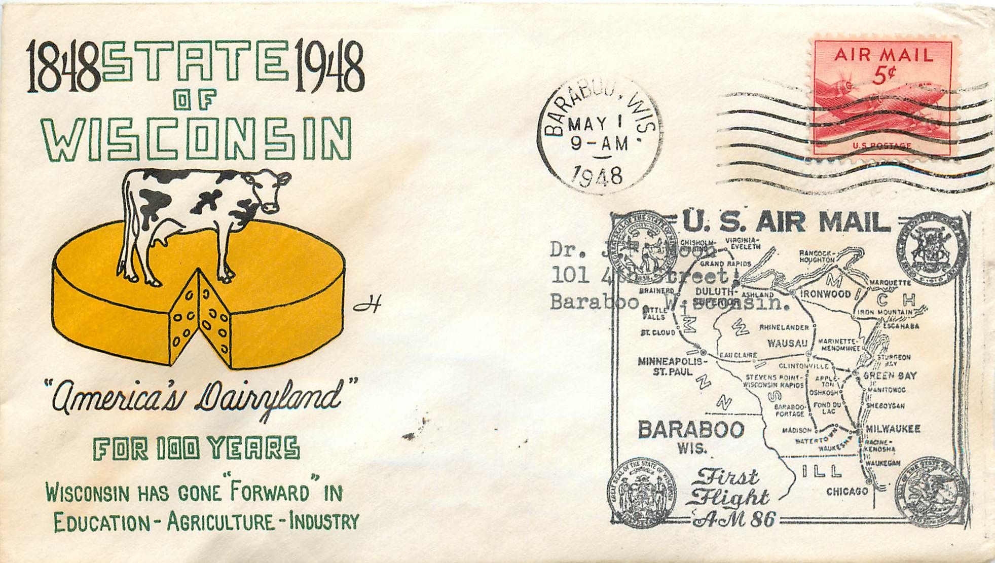 Lettre Cover Etats-Unis MAY 1948 Wisconsin Vache Cheese Fromage Barabo